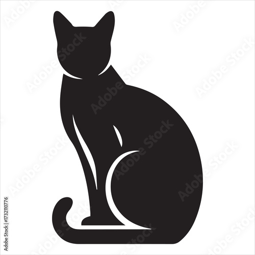 Black cat silhouette sitting regally on white background animal