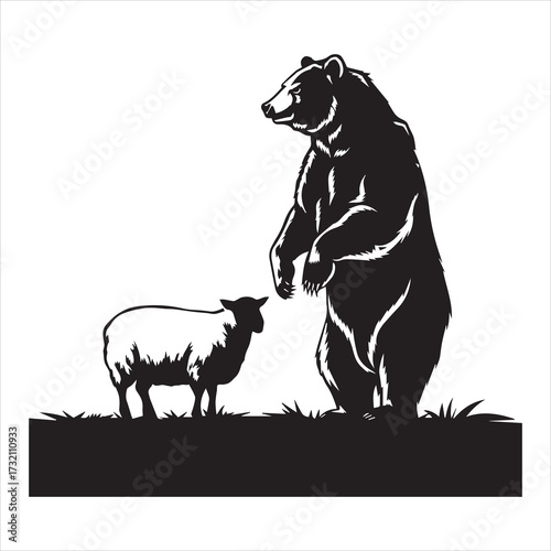 Black silhouette of a bear standing and a sheep grazing on grass animal