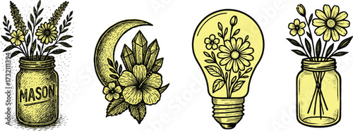 Vintage Mason Jar and Flower Engraving Set