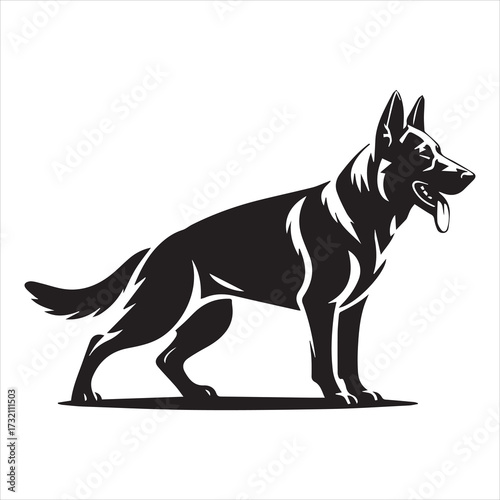 Black silhouette of a German Shepherd dog standing Keywords: German Shepherd, dog, silhouette, black