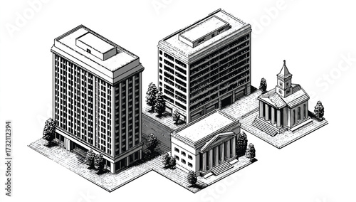 Isometric city street illustration featuring office buildings church and bank in grayscale style offering classic charm and architectural details