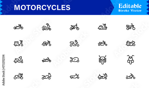 Premium Motorcycles Line Icon Set with Modern Minimal Designs, Professional Vector Style Collection Featuring Unique Motorcycle and Bike Symbols for Creative Projects