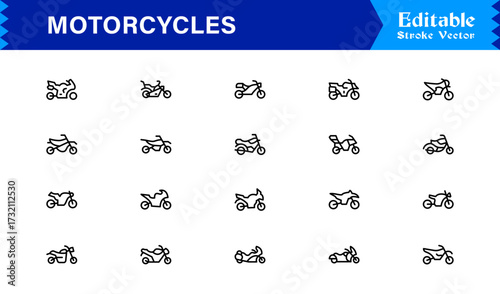 Premium Motorcycles Line Icon Set with Modern Minimal Designs, Professional Vector Style Collection Featuring Unique Motorcycle and Bike Symbols for Creative Projects