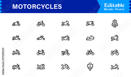Premium Motorcycles Line Icon Set with Modern Minimal Designs, Professional Vector Style Collection Featuring Unique Motorcycle and Bike Symbols for Creative Projects