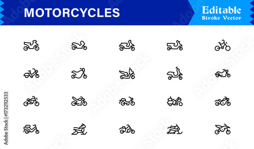 Premium Motorcycles Line Icon Set with Modern Minimal Designs, Professional Vector Style Collection Featuring Unique Motorcycle and Bike Symbols for Creative Projects