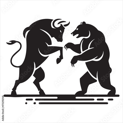 Bull and bear fighting in silhouette with dynamic poses combat battle