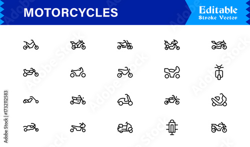 Premium Motorcycles Line Icon Set with Modern Minimal Designs, Professional Vector Style Collection Featuring Unique Motorcycle and Bike Symbols for Creative Projects