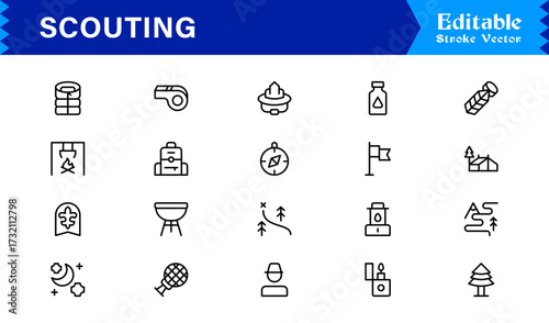 Professional Scouting Line Icon Set Featuring Modern, Minimal, Unique Designs for Outdoor Exploration, Adventure, Tracking, and Navigation