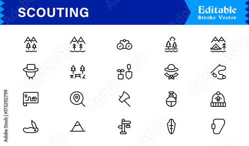 Professional Scouting Line Icon Set Featuring Modern, Minimal, Unique Designs for Outdoor Exploration, Adventure, Tracking, and Navigation
