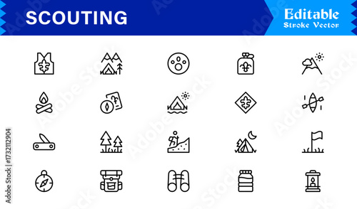 Professional Scouting Line Icon Set Featuring Modern, Minimal, Unique Designs for Outdoor Exploration, Adventure, Tracking, and Navigation