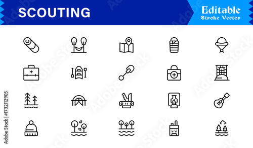 Professional Scouting Line Icon Set Featuring Modern, Minimal, Unique Designs for Outdoor Exploration, Adventure, Tracking, and Navigation