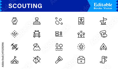 Professional Scouting Line Icon Set Featuring Modern, Minimal, Unique Designs for Outdoor Exploration, Adventure, Tracking, and Navigation