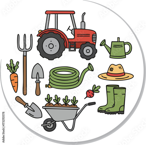 set of garden tools in the doodle style. variety of garden and vegetable garden care items. Gardening tools. product for agricultural crops. Suitable for ecology, garden, household, packaging design