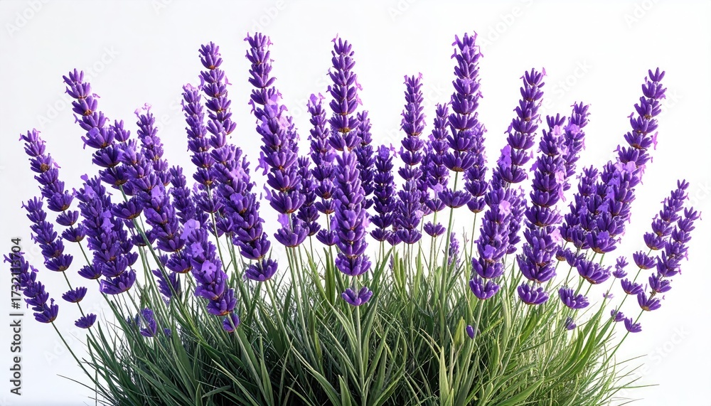 Obraz premium Lush lavender blossoms in full bloom against a plain white backdrop