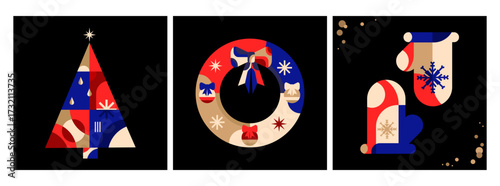 Merry Christmas and Happy New Year Modern greeting cover posters with abstract holiday elements Christmas tree, wreath in retro geometric style. Retro holiday cards, gift tags, social media. Vector