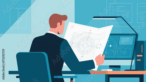 The engineer is looking at the design drawings, cartoon hand-drawn vector illustrations