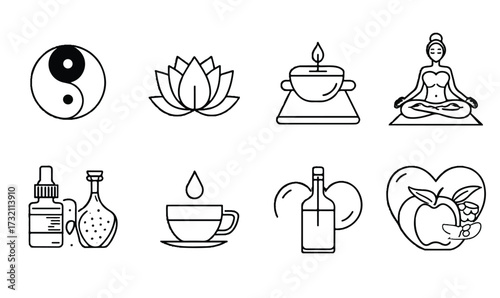 Minimalist wellness and harmony icon collection for holistic health and balance promotion illustration