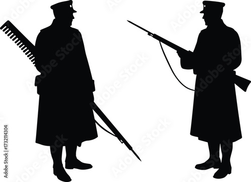 Silhouette of two soldiers standing with rifles, military guard, army security, vintage style illustration, armed forces vector, defense protection