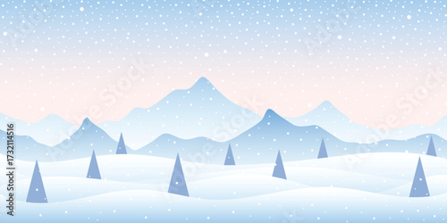 Minimalistic winter landscape, snowy peaks and snowdrifts and snowfall, cartoon nature, vector illustration