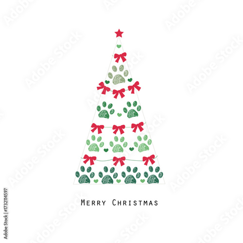 Made of paw print and red bow ties. Happy new year and merry christmas design greeting card