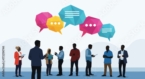 Diverse Group Discussing Ideas with Speech Bubbles in a Collaborative Environment