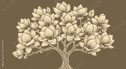Graphic magnolia tree with simple line art against brown backdrop