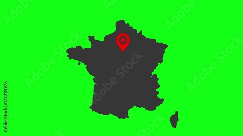 France Map Animation with Paris Location Animated Green Screen 