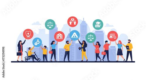 A conceptual illustration of a diverse community advocating for social welfare, human rights, and public policy in a modern city