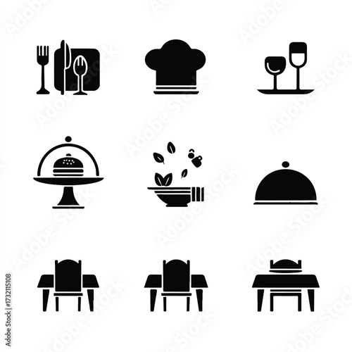 Restaurant dining experience icons for meal service culinary design and food preparation representing service and atmosphere
