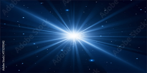 A bright, glowing blue star bursts with energy in the dark galaxy night sky