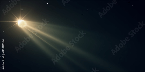 Dynamic art featuring the dark blue night sky with stars, a sun's bright light ray, and planetary motion, creating a colorful