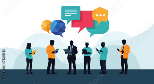 A diverse group of people interacting, discussing ideas, and sharing information in a collaborative environment.