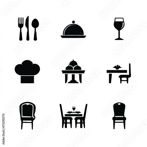 Restaurant Menu Icon Set with Chef Hat Dinnerware Tableware and Dining Room Furnishings Design Elements