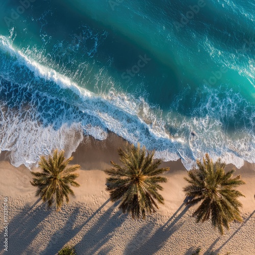 Aerial Beach View with Turquoise Water and Palm Trees on Sandy Shoreline