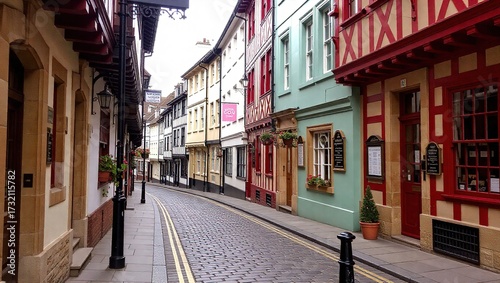 Cobblestone Street Lined with Colorful Tudor Buildings in Histor