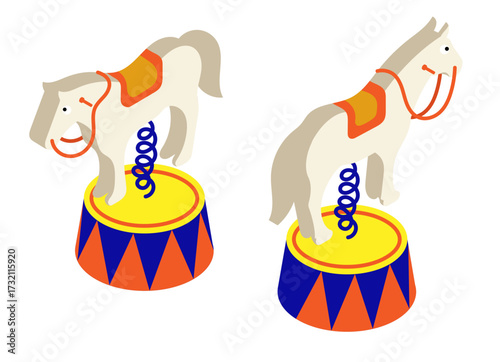 Isometric rocking toy horse ride for young amusement park visitors. Realistic 3D vector isolated on white background