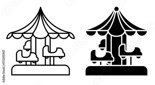 Linear icon. Children toy cars on a moving platform at an amusement park. Simple black and white vector isolated on white background