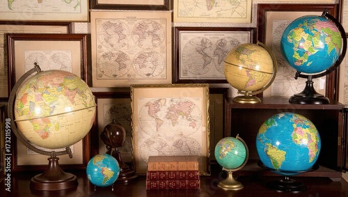 Collection of Antique Globes and Maps Displayed on a Wooden Surf