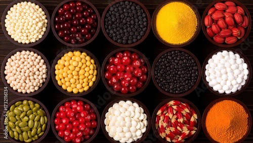 Colorful Assortment of Dried Foods and Powders in Wooden Bowls o