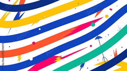 Colorful diagonal stripes with abstract shapes on a white backgr