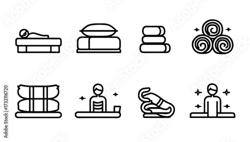 Spa and wellness icons set for relaxation and therapy showcasing various treatments and amenities