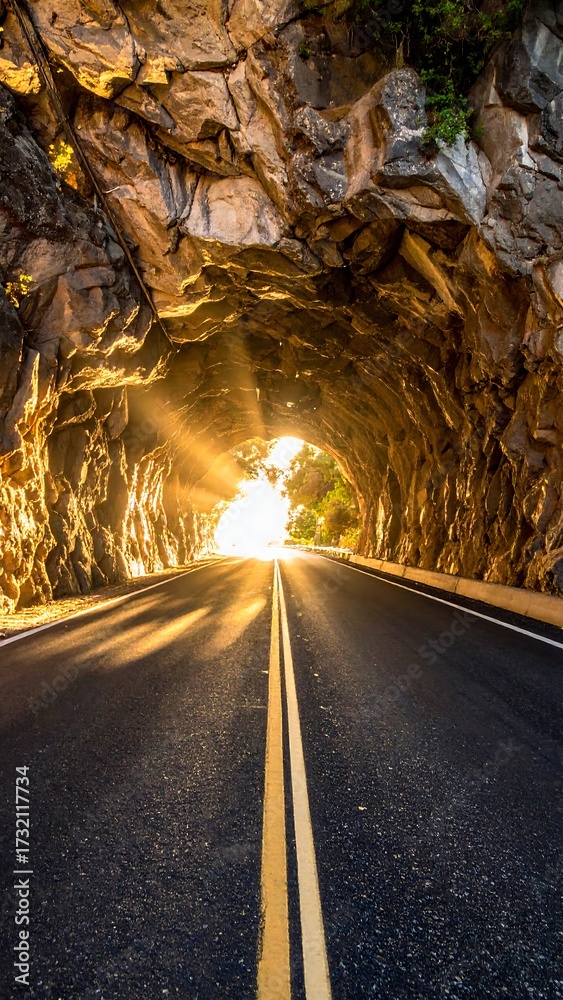 Fototapeta premium Sunbeams pierce a mountain tunnel, illuminating a highway