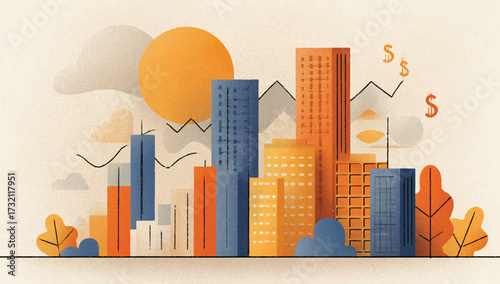 Stylized cityscape illustration representing financial growth and investment opportunities in urban markets business development concept