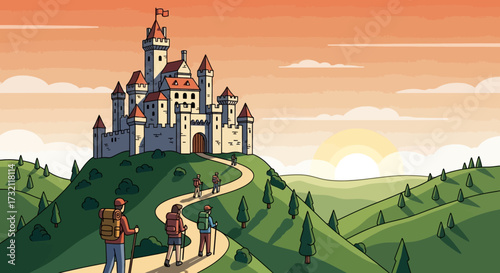 A group of hikers with backpacks journey up a winding path on a green hill towards a majestic fairytale castle at sunrise.
