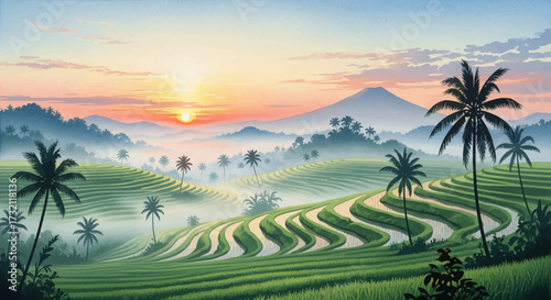 Lush rice terraces at sunrise, with palm trees and distant mountains.
