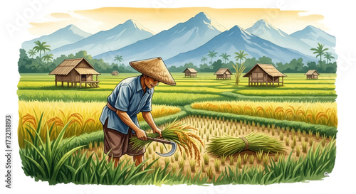 A farmer harvests rice in a lush green field, with mountains in the background.