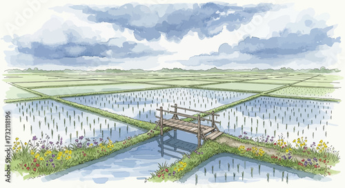 A serene watercolor painting of a Japanese rice paddy with a small wooden bridge crossing the water channels under a cloudy sky.