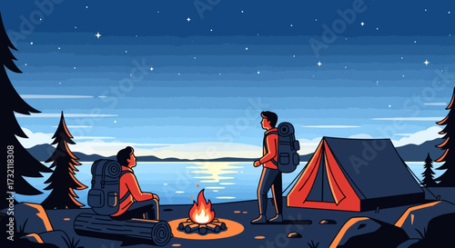Two friends camping by a serene lake at night, enjoying a warm campfire under a starry sky with a tent and trees.