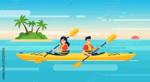 A man and woman in a yellow tandem kayak paddle on the ocean near a tropical island with palm trees.