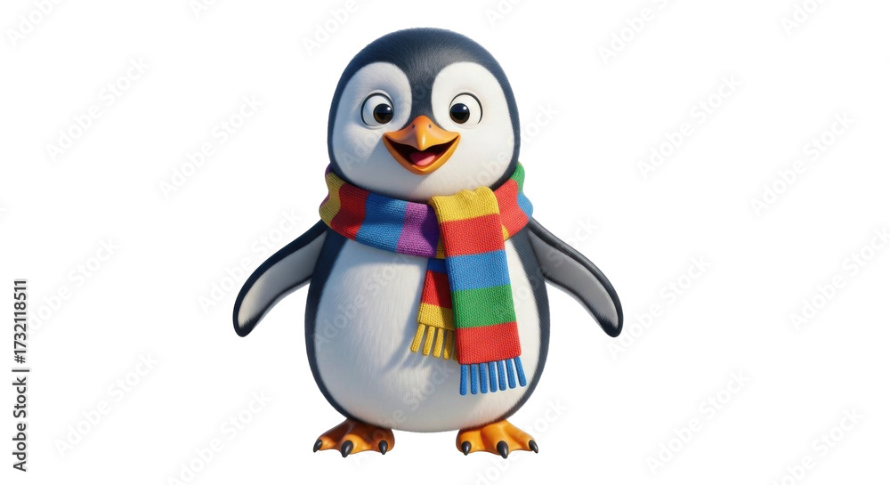 Fototapeta premium Isolated cheerful penguin wearing scarf, standing still, cute animal character, winter season